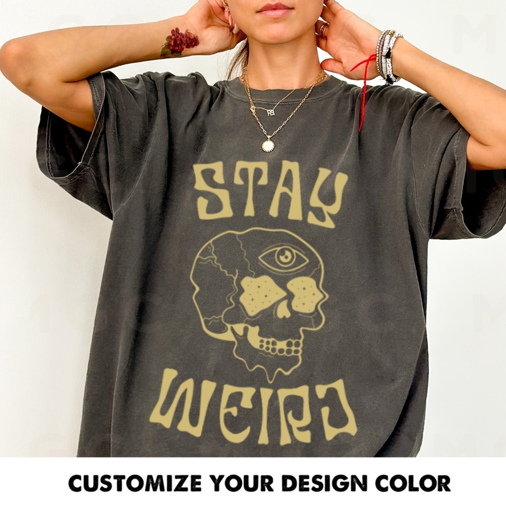 Comfort Colors Stay Weird Trippy Skull Graphic Tee Shirt